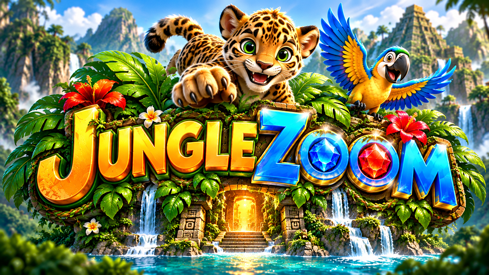 Official JUNGLEZOOM game logo with jaguar cub and parrot
